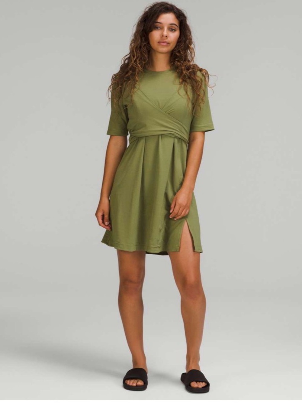 Lululemon Cotton Wrap-Front T-Shirt Dress size 10 in Bronze Green